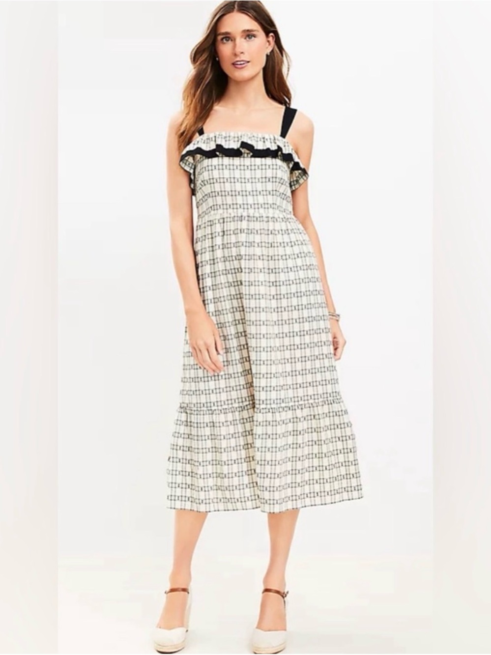 NWOT Loft Plaid Ruffle Square Neck Midi Dress Size 0Petite